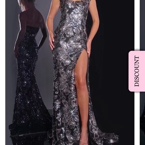 Jovani Black and Silver Sequin Floral High-Slit Evening Gown